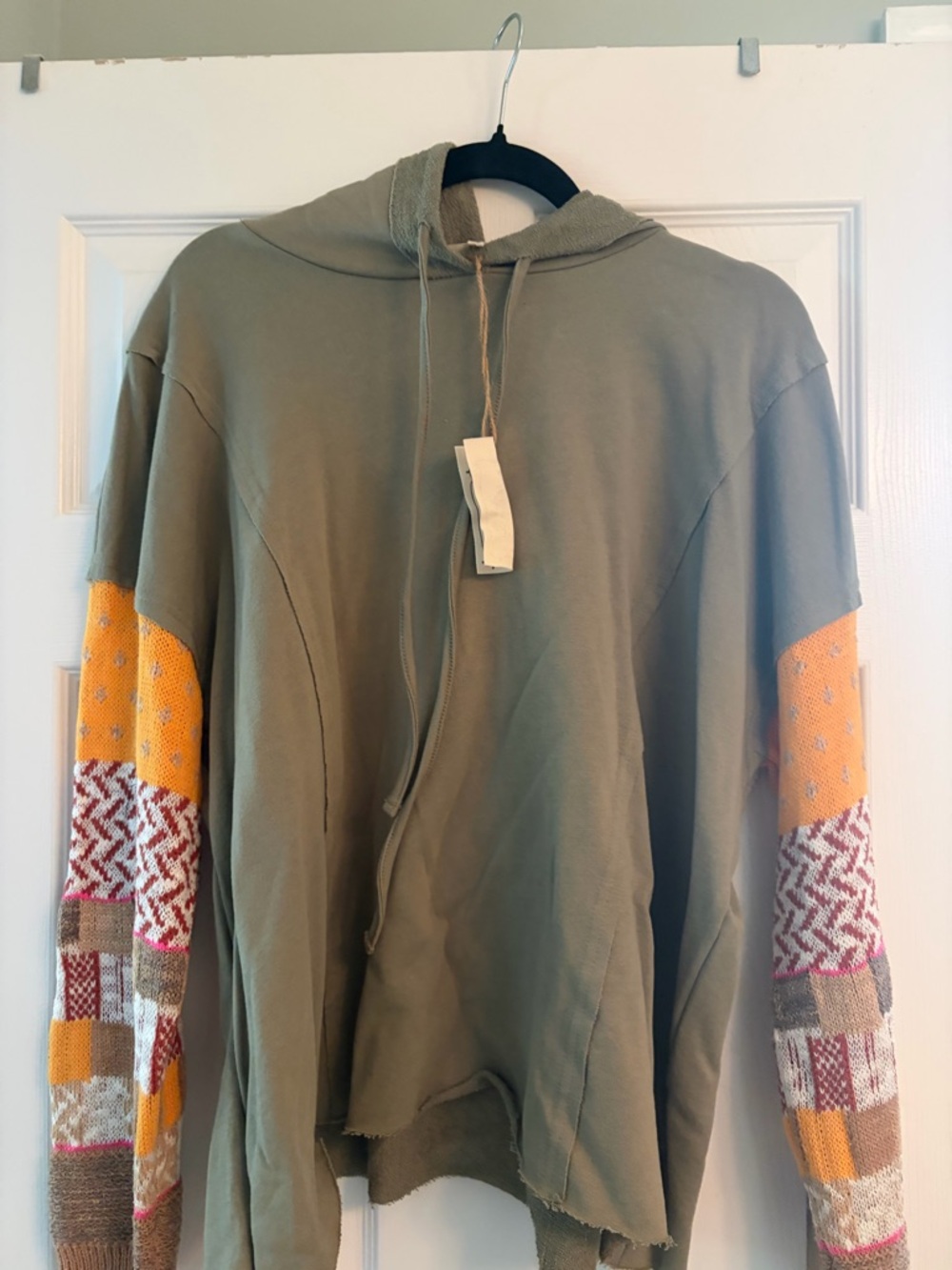 easel Olive Hoodie with Colorblock Patchwork Sleeves NWT